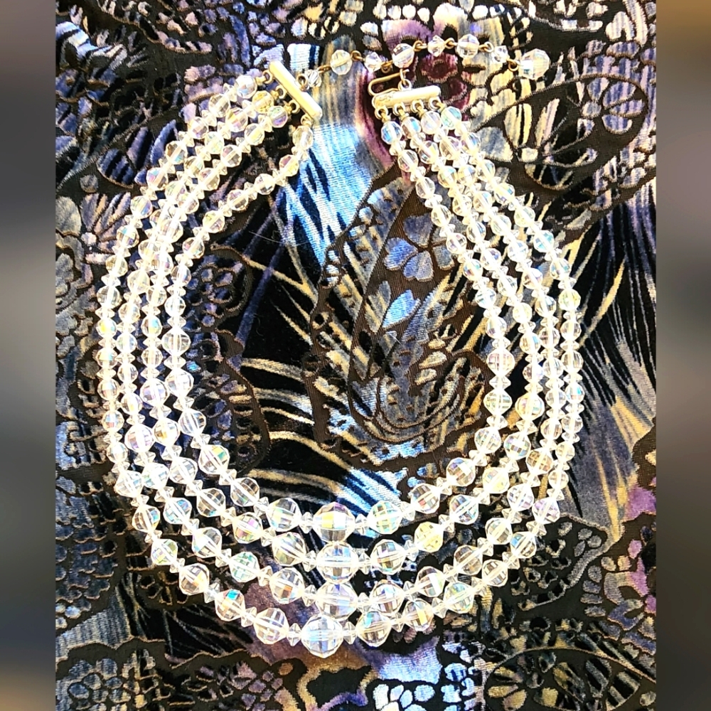 Vintage Aurora Borealis Multi Stran Crystal Necklace